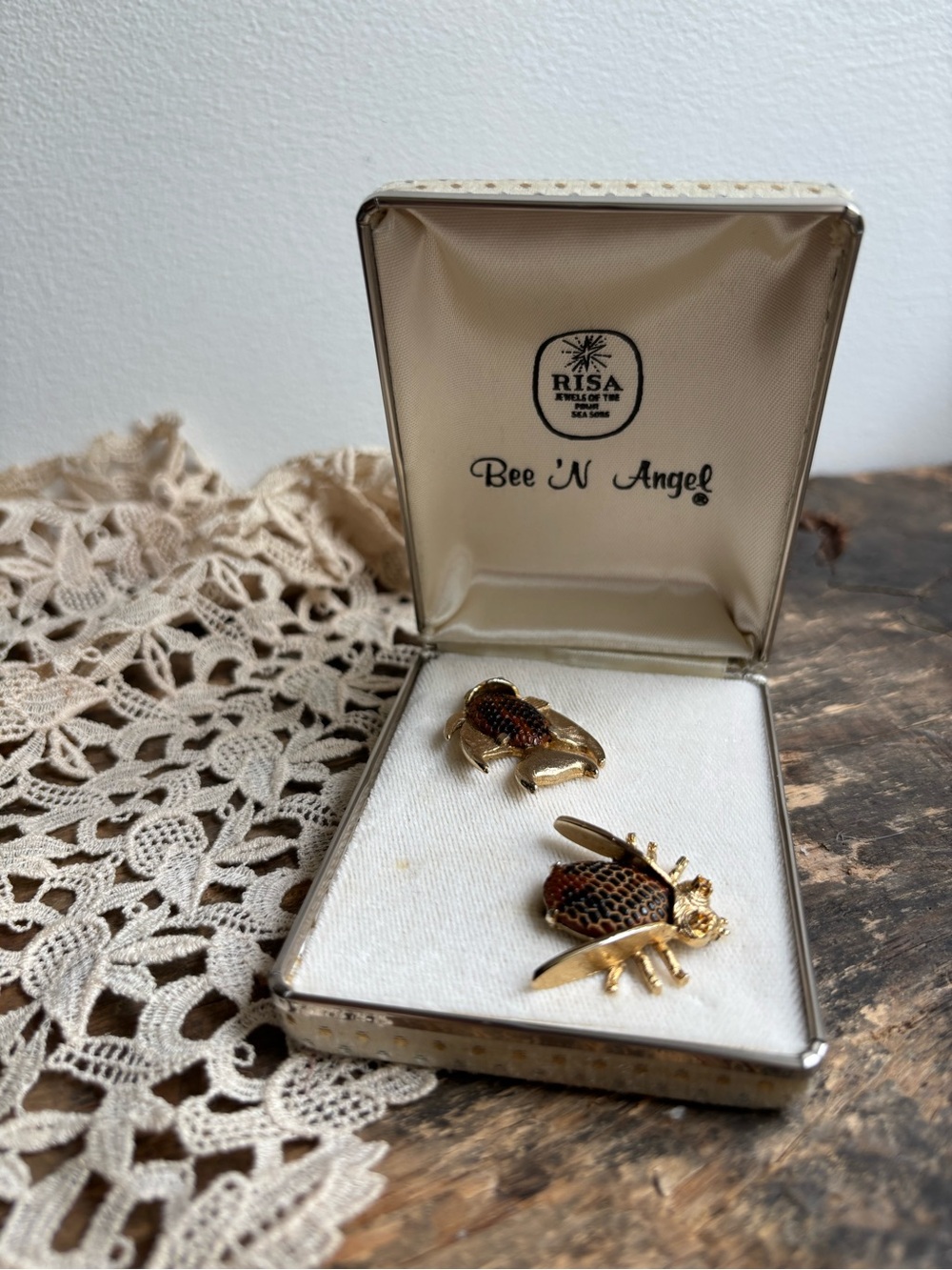 Vintage Risa Bee and Angel fish Brooch and Pin Set with textured Enamel